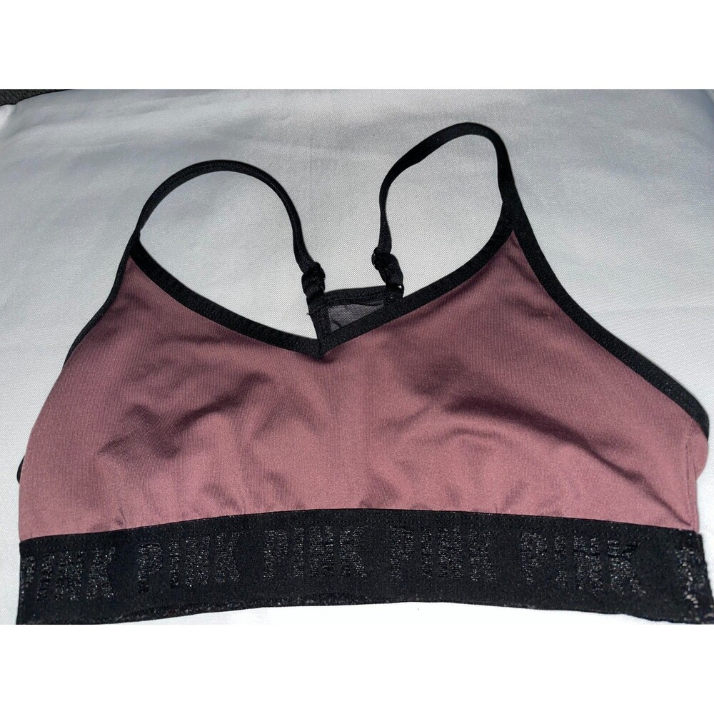 Victoria’s Secret PINK Sport Bra M Gym Logo Black Brown Mesh women's Ultimate